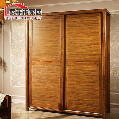 中式实木多层大衣柜推拉门 现代简约卧室家具 移门原木衣橱定制